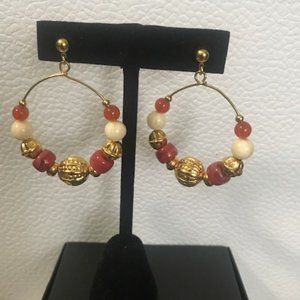 Beaded Gold Tone Dangle Hoops Earrings
